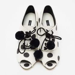 Pre Owned Dolce & Gabbana White/Black Leather Polka Dot Peep Toe Ankle Boots Size 38.5