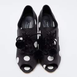 Pre Owned Dolce & Gabbana Black/White Leather Polka Dot Peep Toe Booties  Size 38