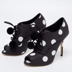 Pre Owned Dolce & Gabbana Black/White Leather Polka Dot Peep Toe Booties  Size 38