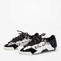 Pre Owned Dolce & Gabbana White/Black Suede, Printed Canvas and Neoprene NS1 Low-Top Sneakers Size 39