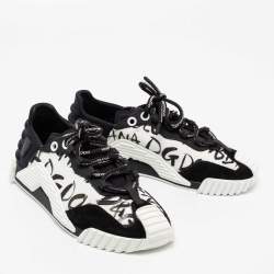 Pre Owned Dolce & Gabbana White/Black Suede, Printed Canvas and Neoprene NS1 Low-Top Sneakers Size 39
