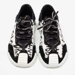 Pre Owned Dolce & Gabbana White/Black Suede, Printed Canvas and Neoprene NS1 Low-Top Sneakers Size 39