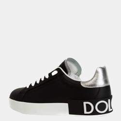 مملوكة مسبقًا Dolce & Gabbana Black/White/Silver Calfskin nappa Portofino Sneaker Size EU 38