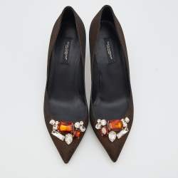 Pre Owned Dolce & Gabbana Bronze Nylon Jeweled Embellishment Pointed Toe Pumps Size 39