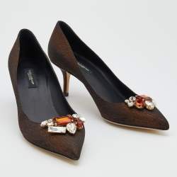 Pre Owned Dolce & Gabbana Bronze Nylon Jeweled Embellishment Pointed Toe Pumps Size 39