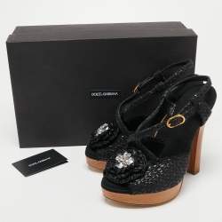 Dolce & Gabbana Black Raffia Crystal Embellished Platform Sandals Size 40