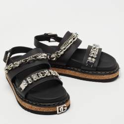 Dolce & Gabbana Black Leather Crystal Embellished Strap Sandals Size 38
