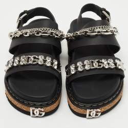 Dolce & Gabbana Black Leather Crystal Embellished Strap Sandals Size 38