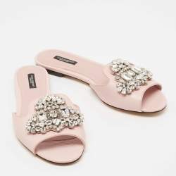 Dolce & Gabbana Pink Embossed Lizard Leather Crystal Embellished Flat Slides Size 40