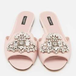 Dolce & Gabbana Pink Embossed Lizard Leather Crystal Embellished Flat Slides Size 40