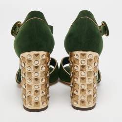 Pre Owned Dolce & Gabbana Green Suede Crystal Embellished Block Heel Sandals Size 38
