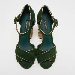 Pre Owned Dolce & Gabbana Green Suede Crystal Embellished Block Heel Sandals Size 38