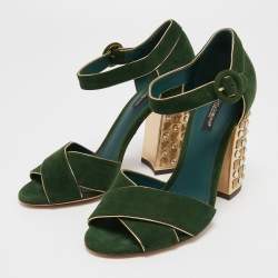 Pre Owned Dolce & Gabbana Green Suede Crystal Embellished Block Heel Sandals Size 38