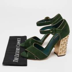Pre Owned Dolce & Gabbana Green Suede Crystal Embellished Block Heel Sandals Size 38