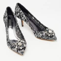 Pre Owned Dolce & Gabbana Grey/Black Lace Crystal Embellished Bellucci Pumps Size 41