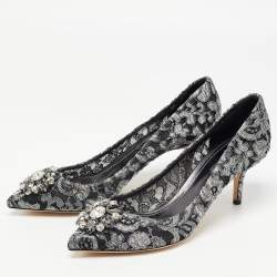 Pre Owned Dolce & Gabbana Grey/Black Lace Crystal Embellished Bellucci Pumps Size 41