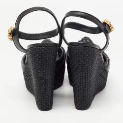 Pre Owned Dolce & Gabbana Black Leather Raffia  Wedge Sandals Size 41