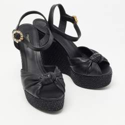 Pre Owned Dolce & Gabbana Black Leather Raffia  Wedge Sandals Size 41