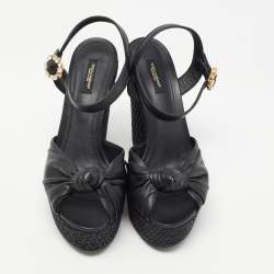Pre Owned Dolce & Gabbana Black Leather Raffia  Wedge Sandals Size 41