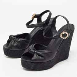 Pre Owned Dolce & Gabbana Black Leather Raffia  Wedge Sandals Size 41