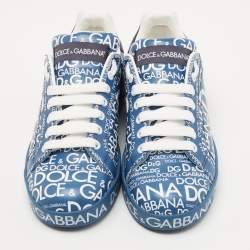 Pre Owned Dolce & Gabbana Blue Leather Logo Print Portofino Low Top Sneakers  Size 38