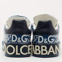 Pre Owned Dolce & Gabbana Blue Leather Logo Print Portofino Low Top Sneakers  Size 38