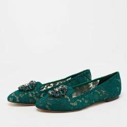 Pre Owned Dolce & Gabbana  Green Lace Taormina  Crystal Embellished Ballet Flats Size 40