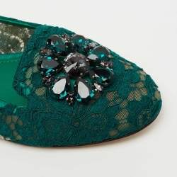 Pre Owned Dolce & Gabbana  Green Lace Taormina  Crystal Embellished Ballet Flats Size 40
