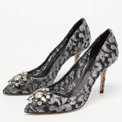 Pre Owned Dolce & Gabbana Metallic Grey/Black Lace Bellucci Pointed Toe Pumps Size 38