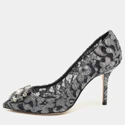 Pre Owned Dolce & Gabbana Metallic Grey/Black Lace Bellucci Pointed Toe Pumps Size 38