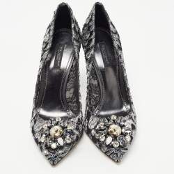 Pre Owned Dolce & Gabbana Metallic Grey/Black Lace Bellucci Pointed Toe Pumps Size 38