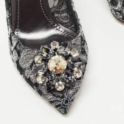 Pre Owned Dolce & Gabbana Metallic Grey/Black Lace Bellucci Pointed Toe Pumps Size 38