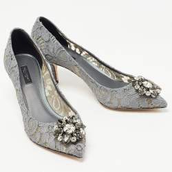 Pre Owned Dolce & Gabbana Grey Lace and Mesh Bellucci Crystal Embellished Pumps Size 40.5