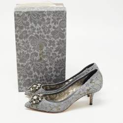 Pre Owned Dolce & Gabbana Grey Lace and Mesh Bellucci Crystal Embellished Pumps Size 40.5