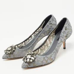 Pre Owned Dolce & Gabbana Grey Lace and Mesh Bellucci Crystal Embellished Pumps Size 40.5