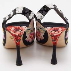 Pre Owned Dolce & Gabbana Multicolor Fabric Floral Print Crystal Embellished Slingback Pumps Size 38.5