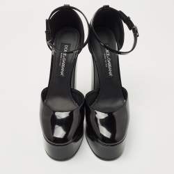 Pre Owned Dolce & Gabbana Black Patent Leather Logo Plaque Platfrom Pumps Size 39.5