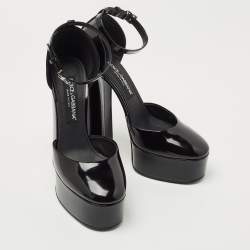 Pre Owned Dolce & Gabbana Black Patent Leather Logo Plaque Platfrom Pumps Size 39.5