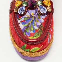 Pre Owned Dolce & Gabbana Burgundy Brocade Fabric and Leather Crystal Embellished Loafers Size 38.5
