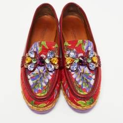 Pre Owned Dolce & Gabbana Burgundy Brocade Fabric and Leather Crystal Embellished Loafers Size 38.5
