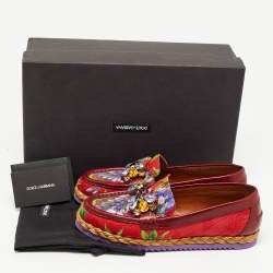 Pre Owned Dolce & Gabbana Burgundy Brocade Fabric and Leather Crystal Embellished Loafers Size 38.5