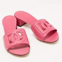 Pre Owned Dolce & Gabbana Pink Leather DG Logo Cutout Slide Sandals Size 40