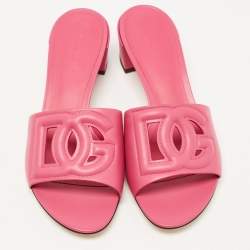 Pre Owned Dolce & Gabbana Pink Leather DG Logo Cutout Slide Sandals Size 40