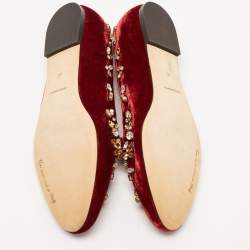 Pre Owned Dolce & Gabbana Burgundy Velvet Crystal Embellished Loafers Size 40