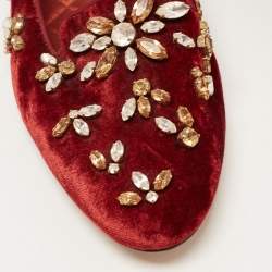 Pre Owned Dolce & Gabbana Burgundy Velvet Crystal Embellished Loafers Size 40