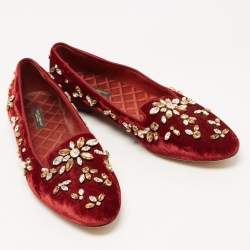 Pre Owned Dolce & Gabbana Burgundy Velvet Crystal Embellished Loafers Size 40