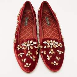 Pre Owned Dolce & Gabbana Burgundy Velvet Crystal Embellished Loafers Size 40