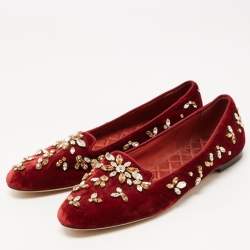 Pre Owned Dolce & Gabbana Burgundy Velvet Crystal Embellished Loafers Size 40