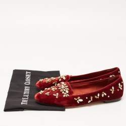 Pre Owned Dolce & Gabbana Burgundy Velvet Crystal Embellished Loafers Size 40