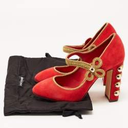 Pre Owned Dolce & Gabbana Red Suede Embroidered and Studded Mary Jane Pumps Size 39